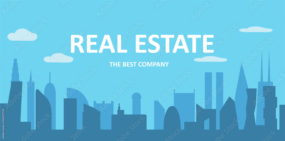 Real Estate City skyline. Silhouette of a big city with skyscrapers in blue tones with a place for your business name, tagline. Vector illustration. Blue background Can be a brochure banner or header.