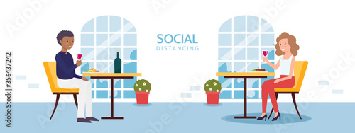 Social distancing concept illustration showing people in a restaurant
