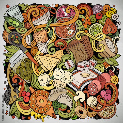Russian food hand drawn vector doodles illustration. Russia cuisine poster