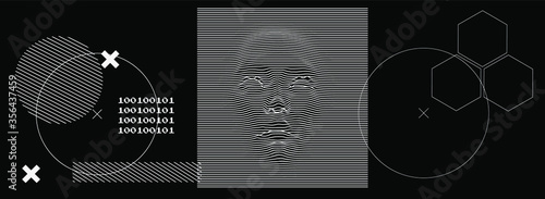 Artificial Intelligence concept. 3D model of human face made of lines, Op art surreal style.