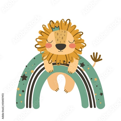 Cute lion on rainbow. Use this clipart to create baby shower invites, nursery art, birthday decor, greeting cards, children's clothing. Vector illustration.