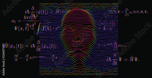 Artificial Intelligence concept. 3D model of human face made of lines, Op art surreal style.