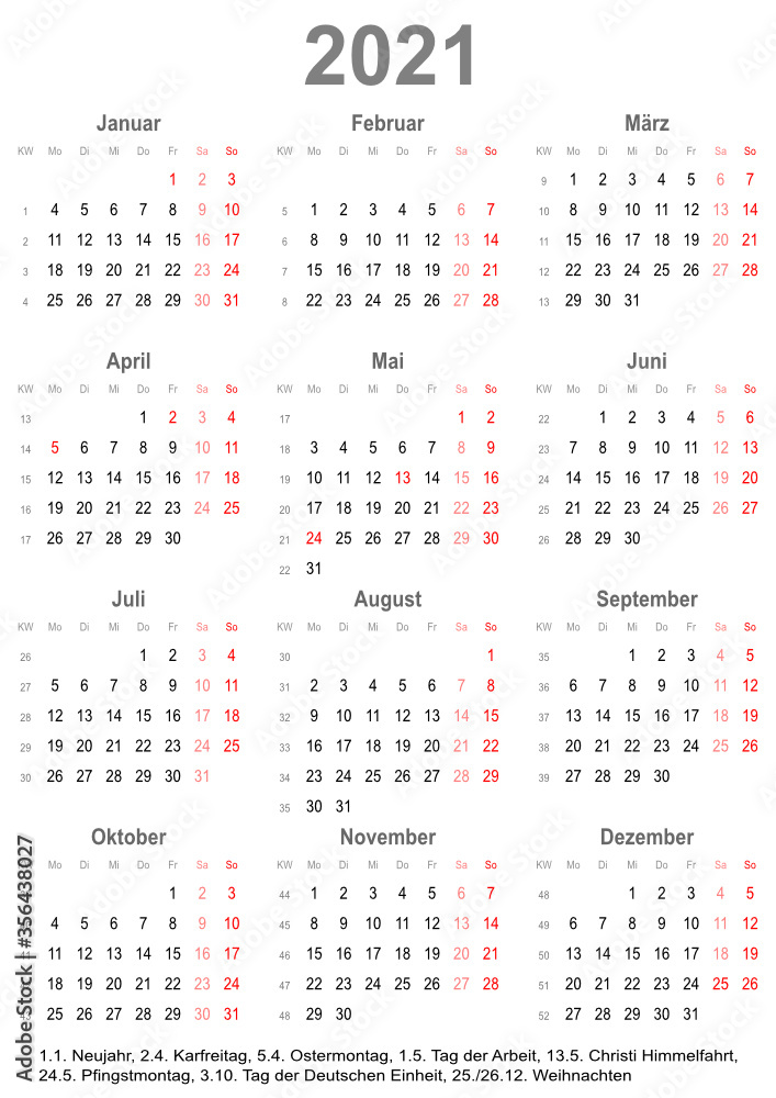 Einfacher Kalender 2021 mit gesetzlichen Feiertagen für Deutschland  Stock-Vektorgrafik | Adobe Stock