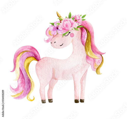 Isolated cute watercolor unicorn clipart. Nursery unicorns illustration. Princess unicorns poster. Trendy pink cartoon horse.
