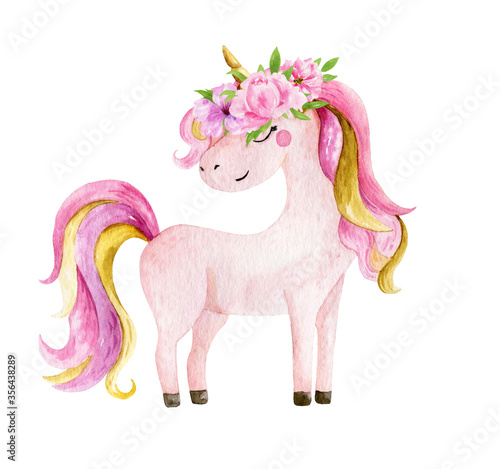 Isolated cute watercolor unicorn clipart. Nursery unicorns illustration. Princess unicorns poster. Trendy pink cartoon horse. photo