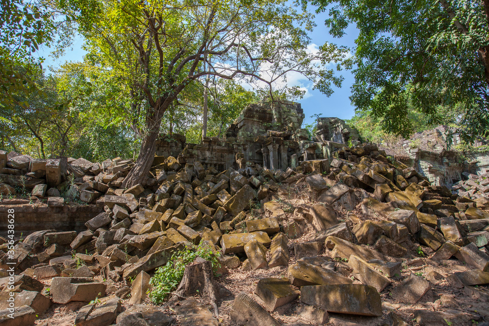 Beng Mealea temple ruins and banyan tree, the Angkor Wat style located east of the main group of temples at Angkor, Siem Reap, Cambodia. Beng Mealea temple ruins and banyan tree, the Angkor Wat style located east of the main group of temples at Angkor, Siem Reap, Cambodia.