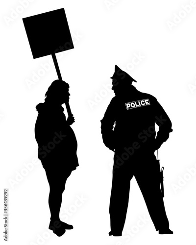 Special police forces and demonstrators with flags on white background 