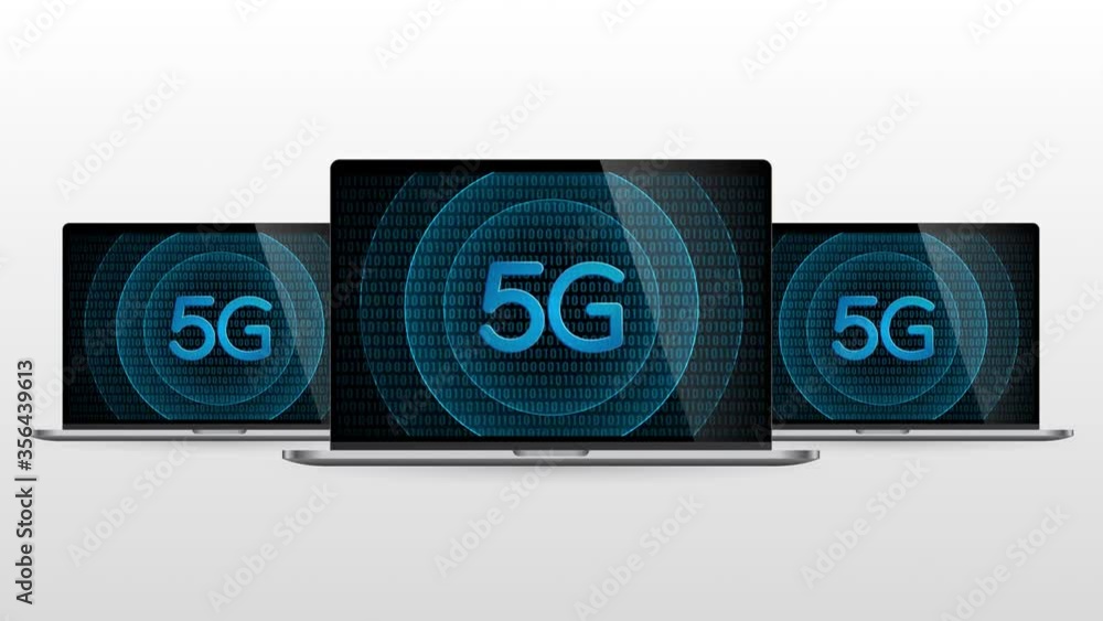 Laptop computer portable device with 5G network. Realistic laptop monitor with 5G symbol in screen and light gradient background. Laptop computer portable device with 5G network. Realistic laptop monitor with 5G symbol in screen and light gradient background.
