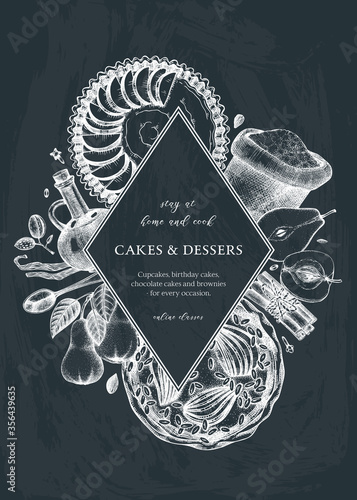 Pear and apple pie cooking process design on chalkboard. Hand drawn baking cakes, pies, dough, kitchen stuff, ingredients design. home-cooked baking cakes illustration. 