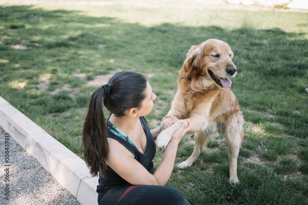 Brunette woman sitting on ground and holding dog's paws. High angle view of girl sitting on curb with dog's paws in her hands. Brunette woman sitting on ground and holding dog's paws. High angle view of girl sitting on curb with dog's paws in her hands.