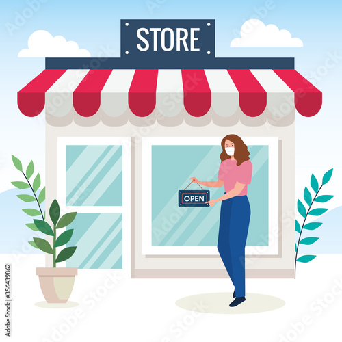 open again after quarantine, woman with label of reopening of shop, we are open again, store shop facade vector illustration design