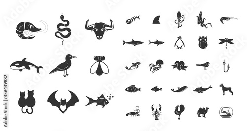 Animals icon set. with birds and sea animals