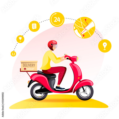 Deliveryman on scooter and icons. Delivery services, Online order tracking, Scooter courier concept. Isolated vector illustration.
