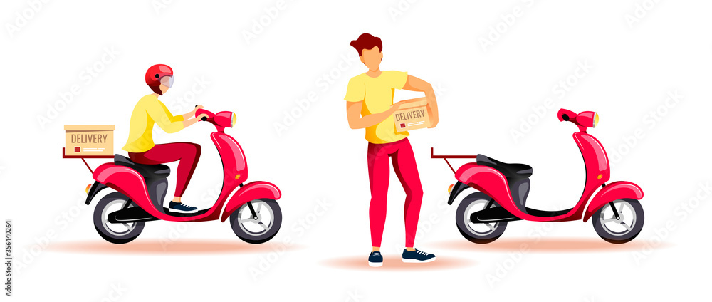 Deliveryman on scooter with package. Delivery services, Online order tracking, Scooter courier concept. Set of isolated vector illustrations. Deliveryman on scooter with package. Delivery services, Online order tracking, Scooter courier concept. Set of isolated vector illustrations.