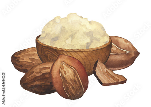 Cuadro en lienzo Watercolor wooden bowl with shea butter inside and nuts around