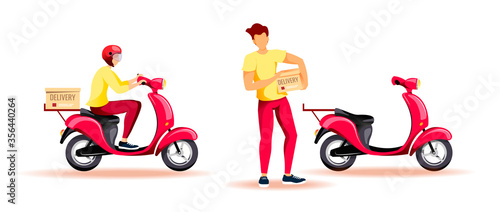 Deliveryman on scooter with package. Delivery services, Online order tracking, Scooter courier concept. Set of isolated vector illustrations.