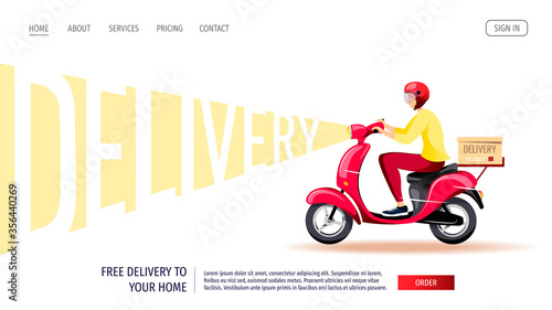 Web page design for Delivery services, Online order tracking, Scooter courier. Deliveryman riding a scooter. Vector illustration for poster, banner, advertising, website.