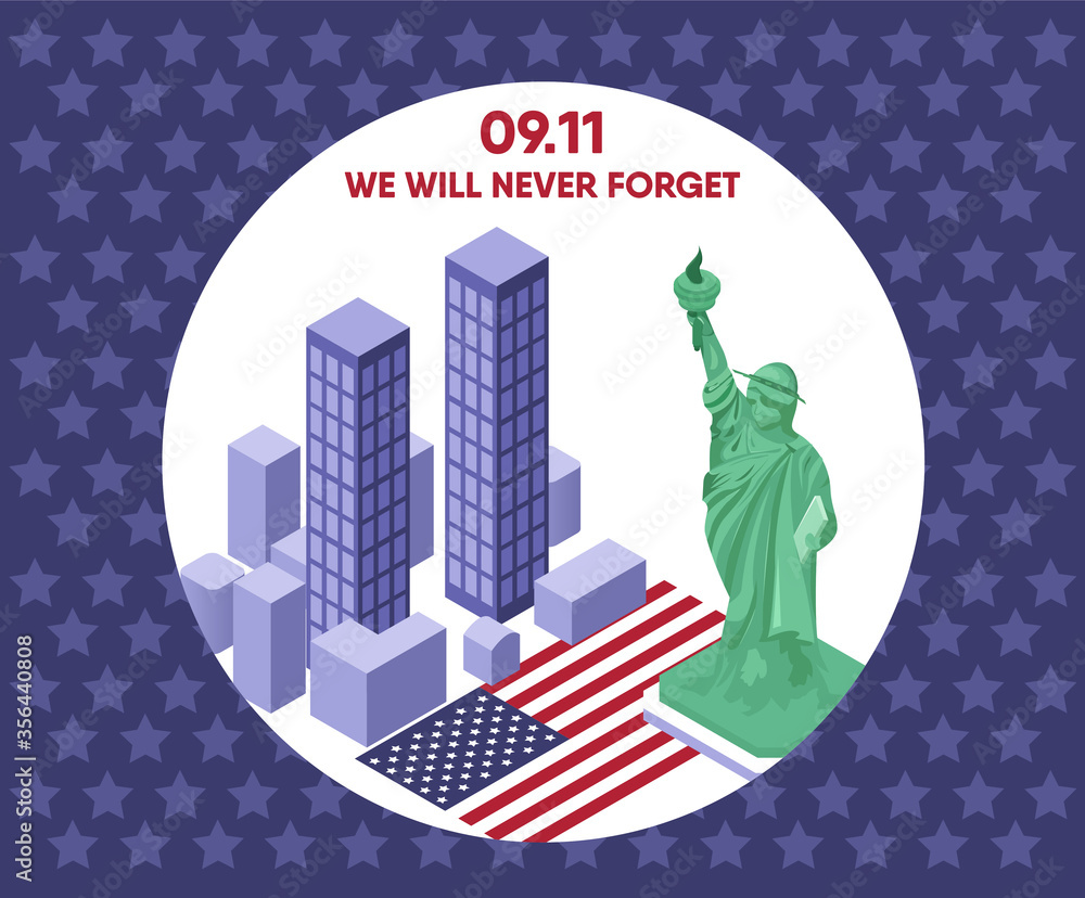 USA Memorial Day 9 11. Statue of Liberty. Behind high-rise buildings ...