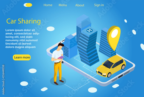 Car Sharing Service. A person use the app in a big city to order a car. Vector illustration. 3d isometric. On a blue background with landing and place for text