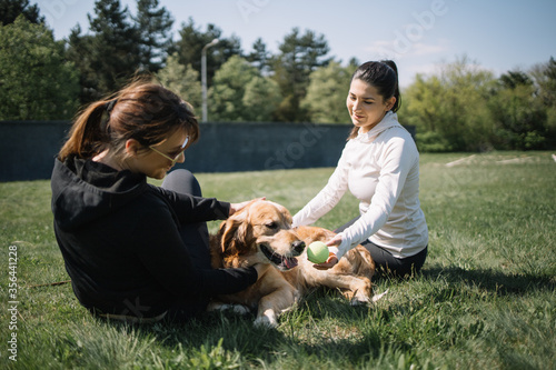 Pretty girls sitting on ground with dog and ball. Young women resting on grass in park with dog and holding tennis ball.