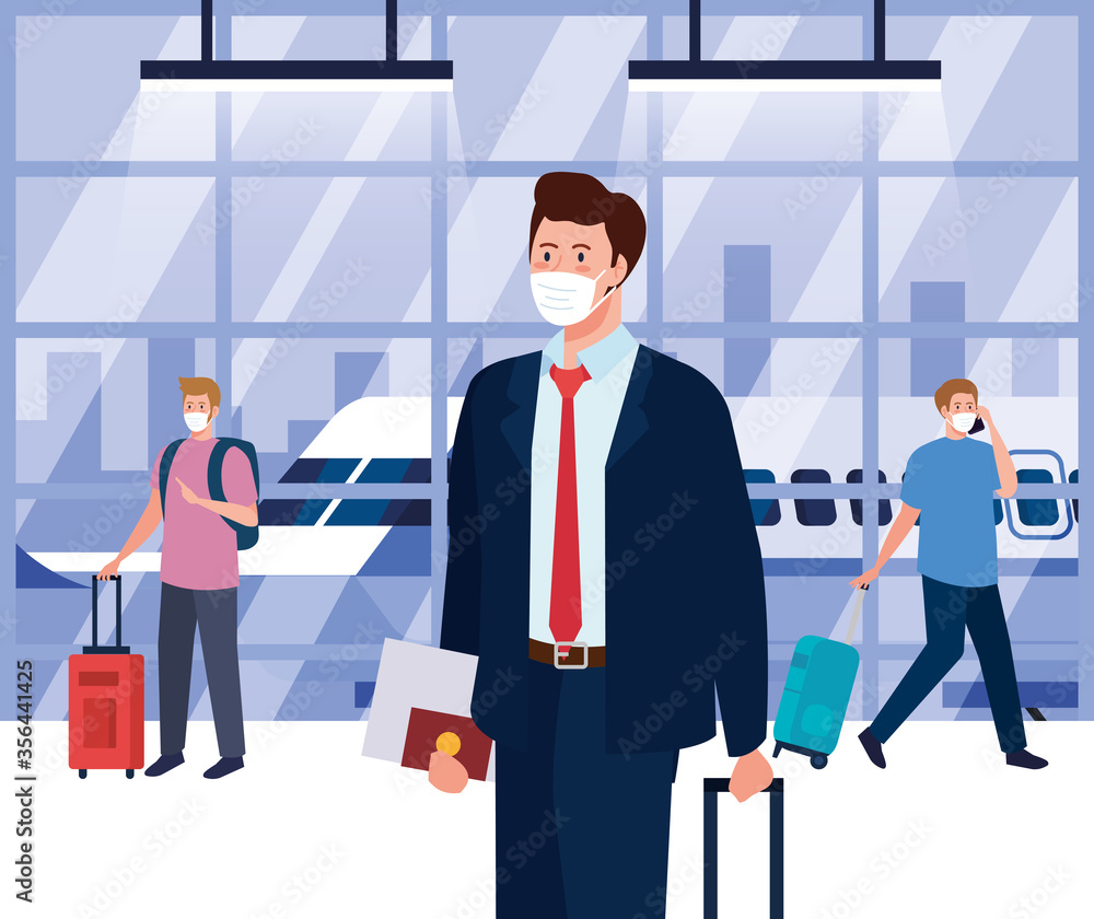 Obraz premium men wearing medical protection mask in airport terminal, traveling by airplane during coronavirus pandemic, prevention covid 19 vector illustration design
