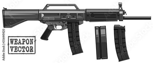 Graphic black and white metal detailed silhouette modern automatic galil rifle with ammo clips. Isolated on white background. Vector icon set.