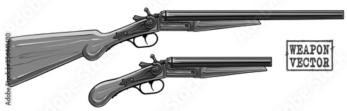 Graphic black and white detailed silhouette metal old retro shotgun rifle with wooden butt. Isolated on white background. Vector icon set.