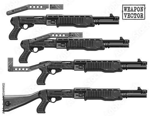 Graphic black and white detailed metal silhouette pump action shotgun rifle with ammo clip, wooden and plastic butt. Isolated on white background. Vector icon set.