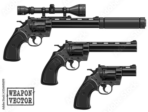 Graphic black and white detailed silhouette old retro revolver with optical sight and silencer. Isolated on white background. Vector icon set.