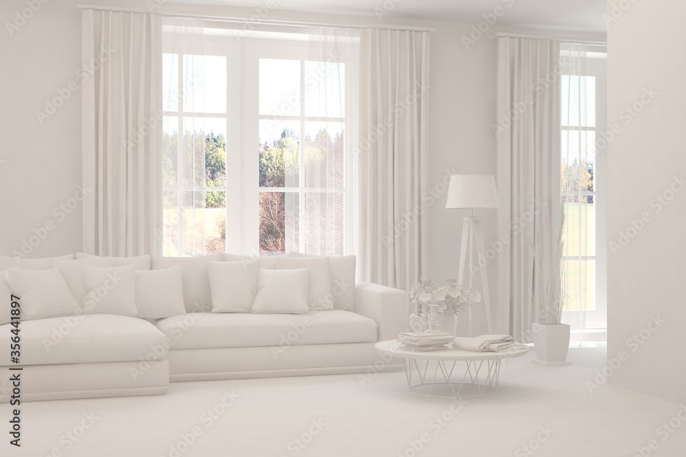 White minimalist living room with sofa. Scandinavian interior design. 3D illustration White minimalist living room with sofa. Scandinavian interior design. 3D illustration