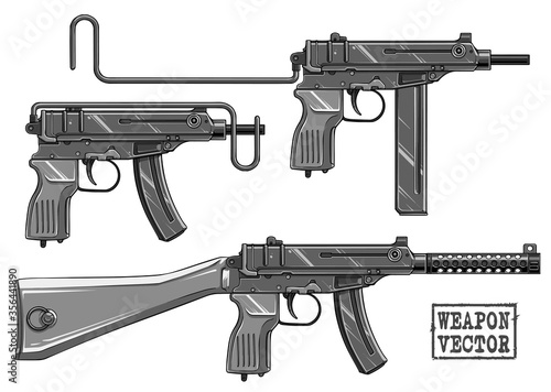 Graphic black and white detailed silhouette submachine gun with ammo clip, silencer and wooden butt. Isolated on white background. Vector icon set.
