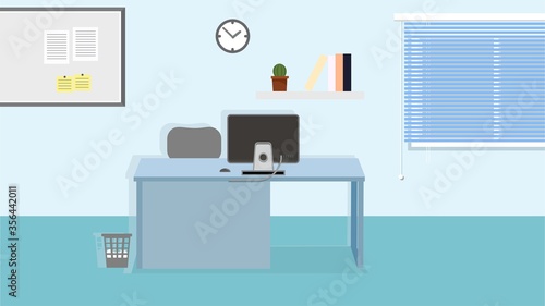 Office desktops background illustrations. Workplace business style. Table and computers in an open space. Flat style illustrations