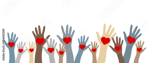 Volunteering, charity and donating concept. Raised hands with red heart vector design element