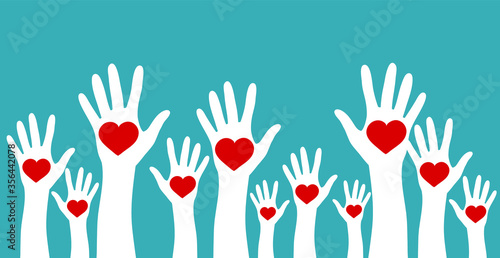 Volunteering, charity and donating concept. Raised white hands with red heart on blue background vector design element