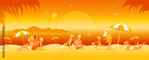 Family beach vacation banner. Summer sea travel background in cartoon style. People fun vector illustration. Happy woman, man, children, kid with sunny beach landscape pattern. Outdoor lifestyle