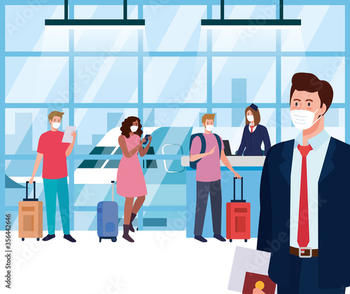 people wearing medical protection mask in airport terminal, traveling by airplane during coronavirus pandemic, prevention covid 19 vector illustration design