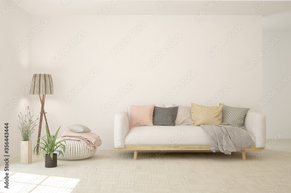 White living room with sofa. Scandinavian interior design. 3D illustration - obrazy, fototapety, plakaty 