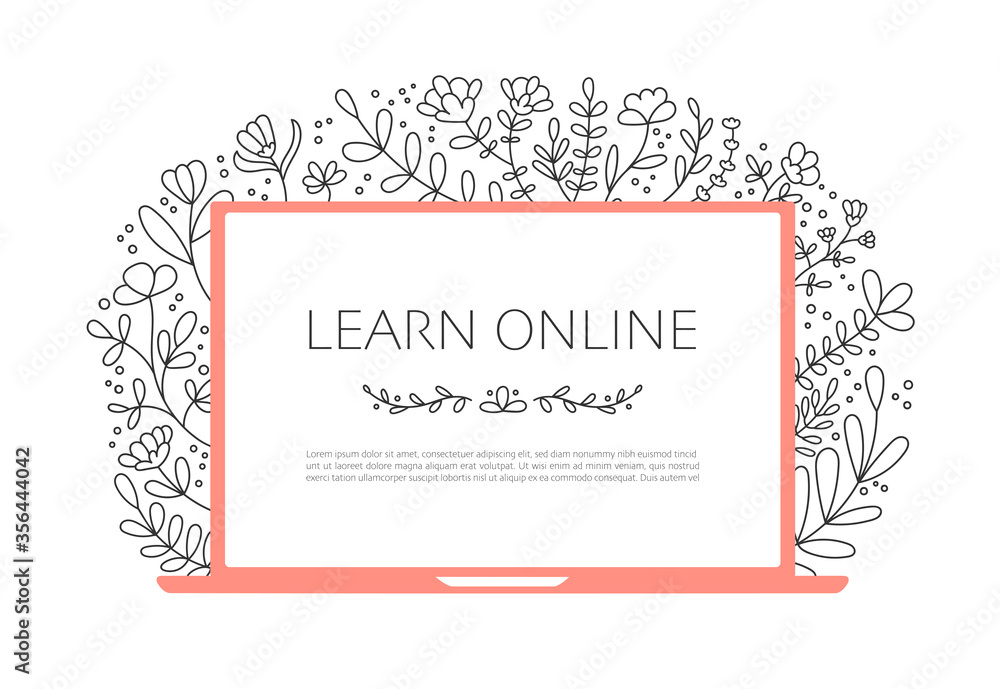 Learn online on the laptop. Computer with beautiful floral pattern. Open laptop with an educational website and lovely flowers and leaves. Feminine design for online course on make up, beauty, fashion Learn online on the laptop. Computer with beautiful floral pattern. Open laptop with an educational website and lovely flowers and leaves. Feminine design for online course on make up, beauty, fashion