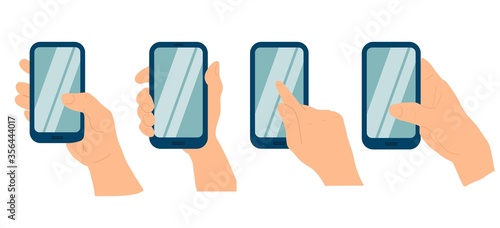 Phone in a hand of white woman isolated on white background. Different types of Hand holding smart phone. touchpad. Flat design vector illustration set