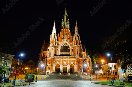 Beautiful St. Joseph's Church a historic Roman Catholic church at night in Podgorze district of Krakow/Cracow, Poland.