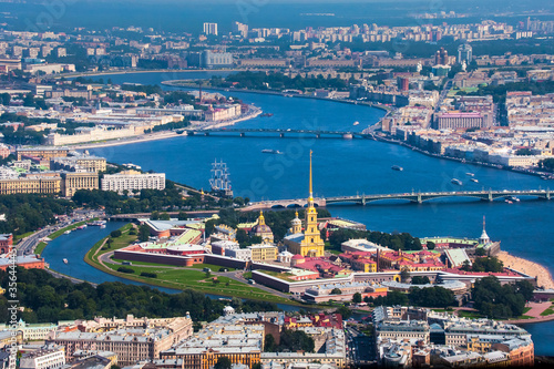 Saint Petersburg. Russia. Peter-Pavel s Fortress. Panorama of Saint Petersburg. Peter and Paul Fortress aerial view. Cityscape with quadcopter. Canals of St. Petersburg. Traveling in Russia. Bridges