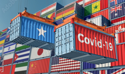 Container with Coronavirus Covid-19 text on the side and container with Somalia Flag. Concept of international trade spreading the Corona virus. 3D Rendering © Marius Faust