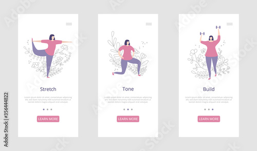 Woman making exercises. Yoga and weight training workout. Set of mobile interface templates. Onboard mobile screens set. Vector flat illustration. Mobile app header, banner, interface.
