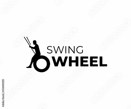 Rubber tire swing logo design. Hanging swing wheel with children vector design. Playground logotype