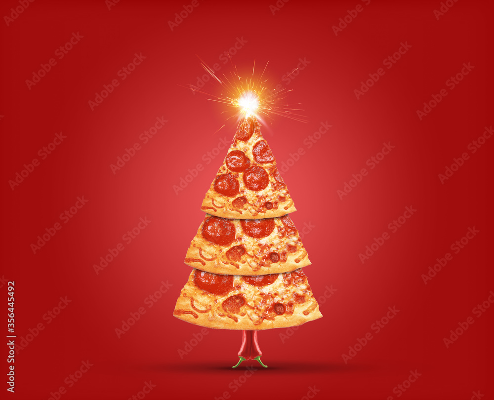 Merry Christmas - Christmas offer pizza slice in shape of Christmas tree  isolated on red background. Creative concept for pizza & restaurant brand  Stock-Foto | Adobe Stock