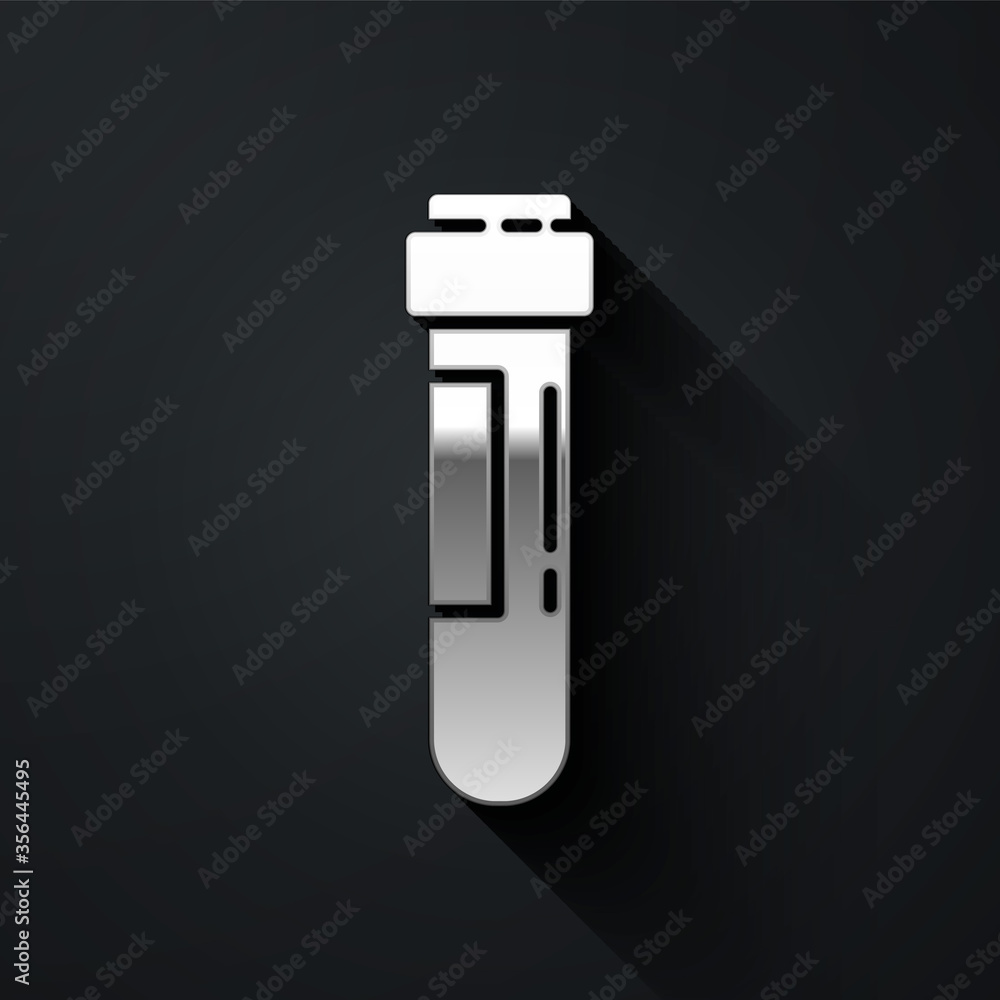 Silver Test tube or flask with blood icon isolated on black background. Laboratory, chemical, scientific glassware sign. Long shadow style. Vector Illustration. Silver Test tube or flask with blood icon isolated on black background. Laboratory, chemical, scientific glassware sign. Long shadow style. Vector Illustration.