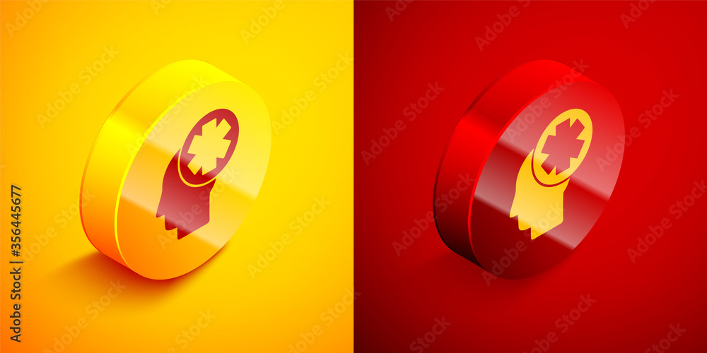 Isometric Male head with hospital icon isolated on orange and red background. Head with mental health, healthcare and medical sign. Circle button. Vector Illustration. Isometric Male head with hospital icon isolated on orange and red background. Head with mental health, healthcare and medical sign. Circle button. Vector Illustration.