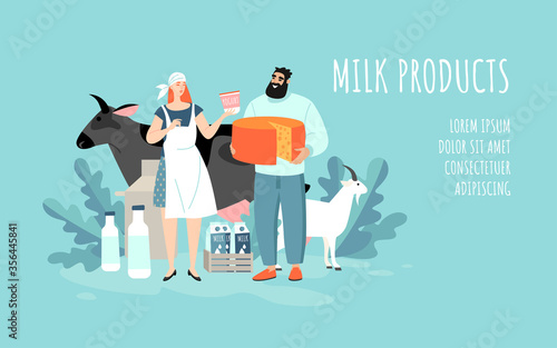 Conceptual illustration of dairy products. Template vector illustration of a cow, goat, a woman with yogurt and a man with cheese in his hands.