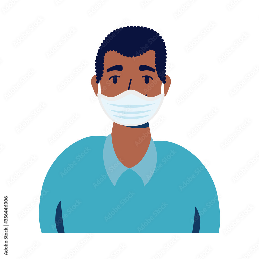 young afro man wearing medical mask character