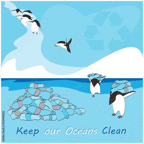 Penguins clean the ocean of plastic bottles. Zero waste. Say no to plastic. World oceans day. Trendy hand drawn cartoon vector flat illustration.	